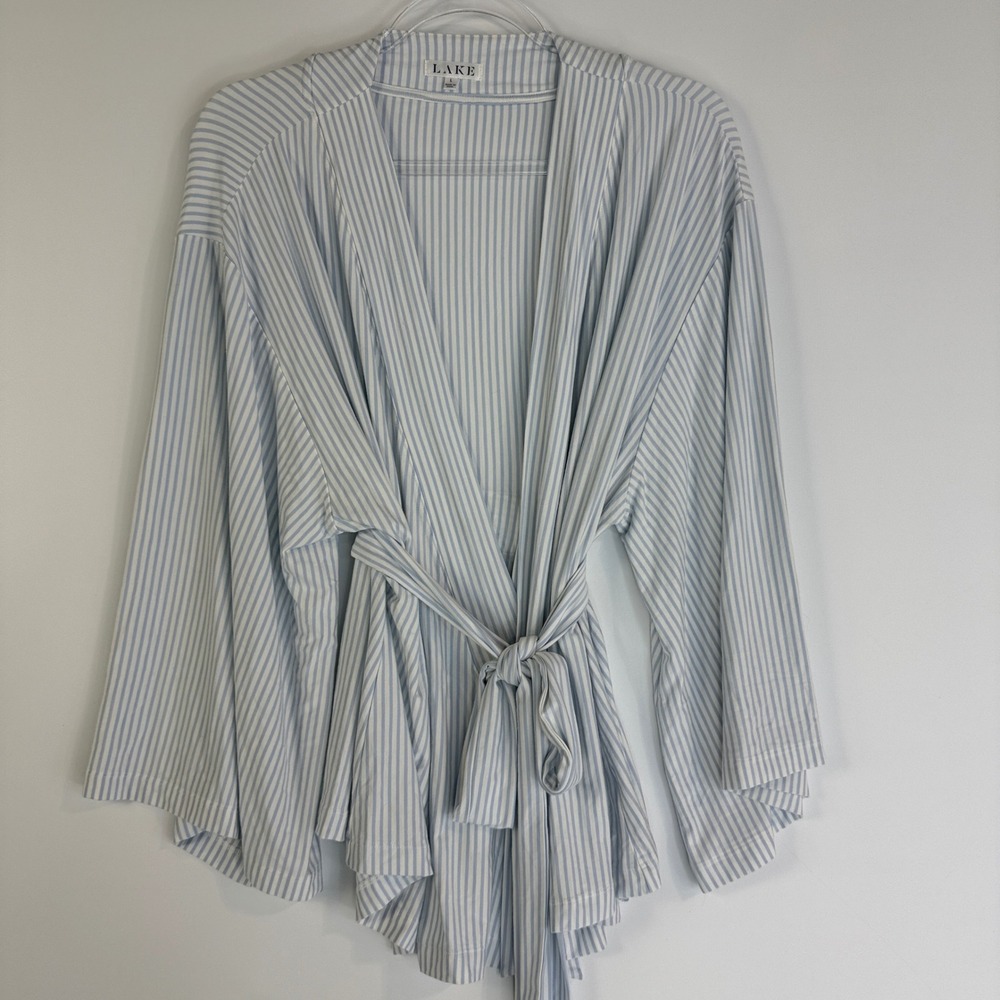 LAKE Short Robe Women Large Blue White Striped Kimono Wrap Pima Cotton Tie Waist